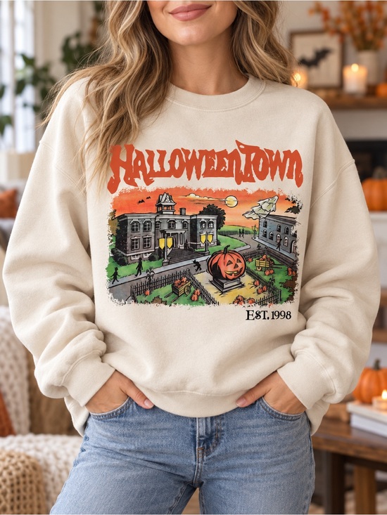 Gildan Tops - HalloweenTown Graphic Crewneck Sweatshirt Gildan Sand